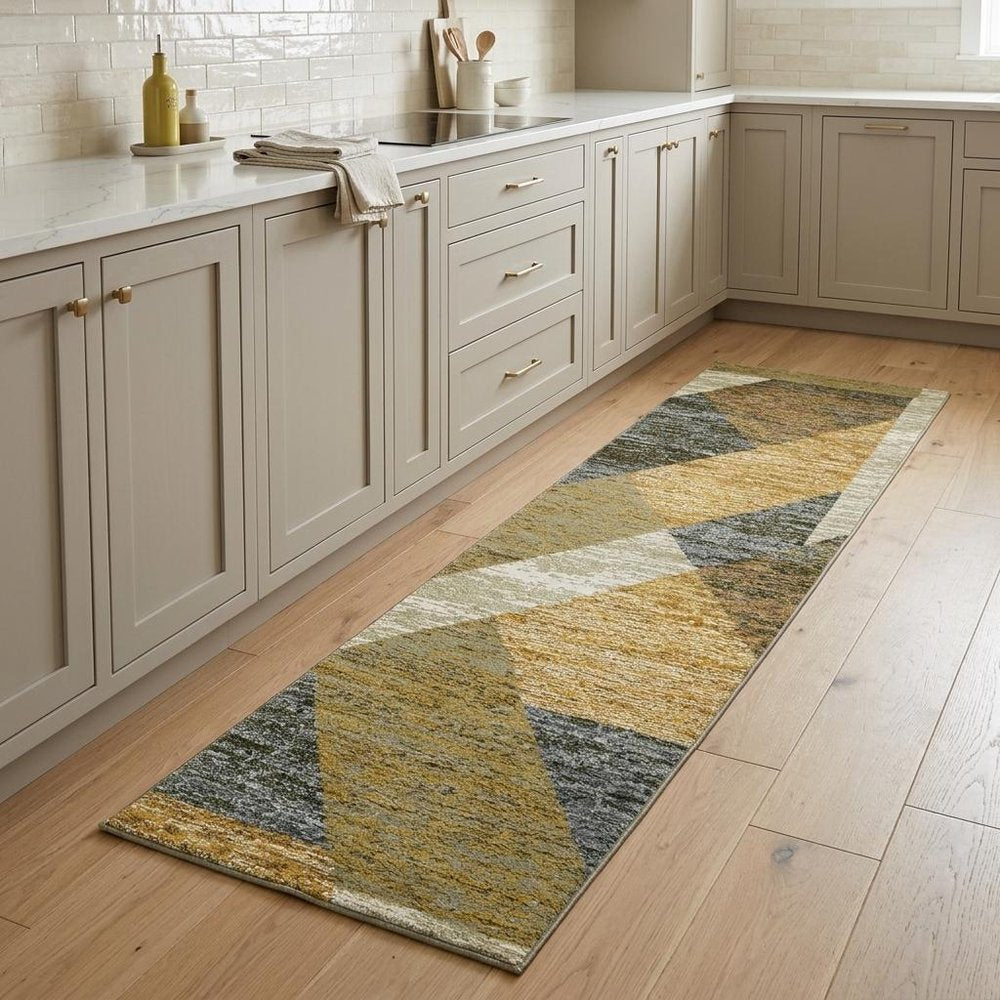 8' Blue And Beige Geometric Runner Rug