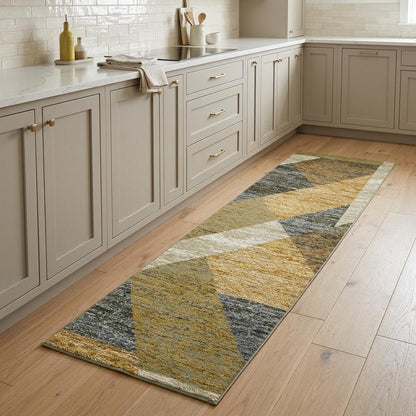 8' Blue And Beige Geometric Runner Rug