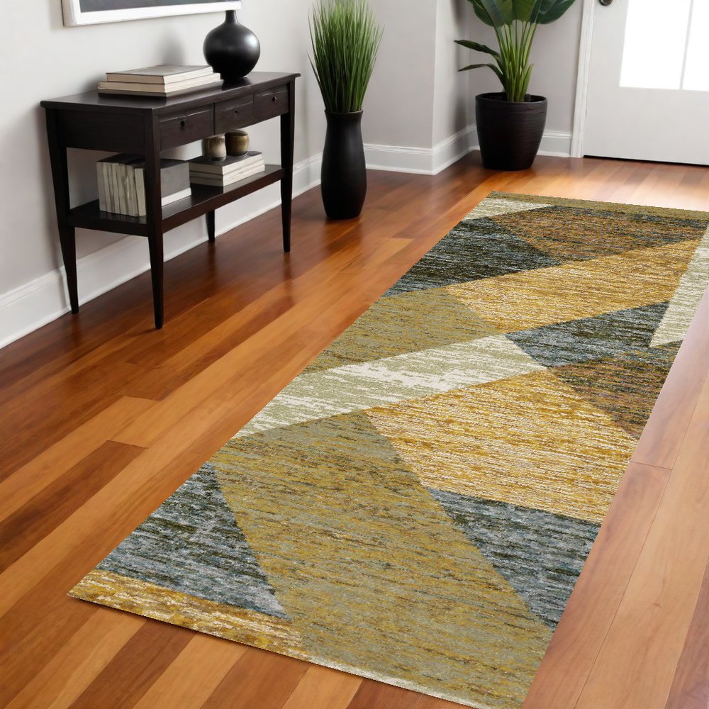 8' Blue And Beige Geometric Runner Rug