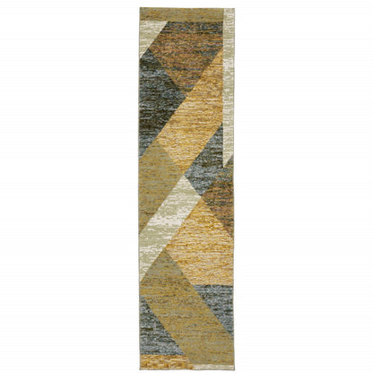 8' Blue And Beige Geometric Runner Rug