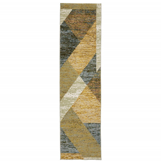 8' Blue And Beige Geometric Runner Rug