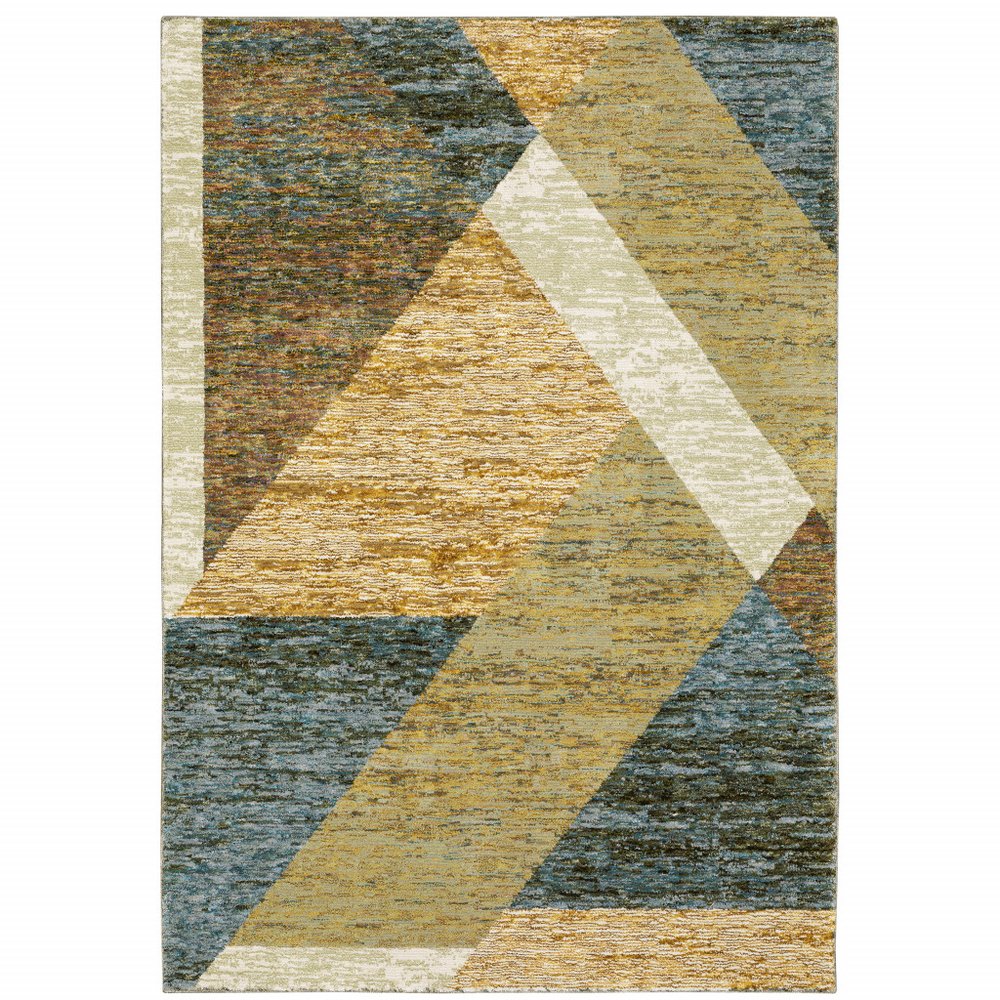 Blue and beige geometric power loom area rug, 8' x 11'.