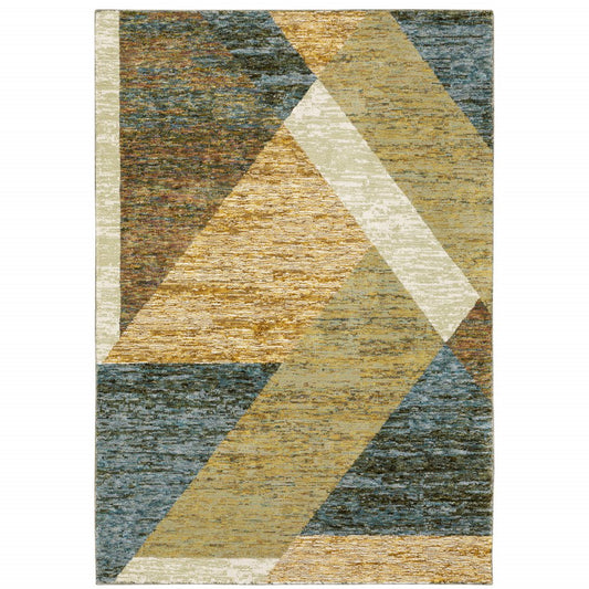Blue and beige geometric power loom area rug, 8' x 11'.