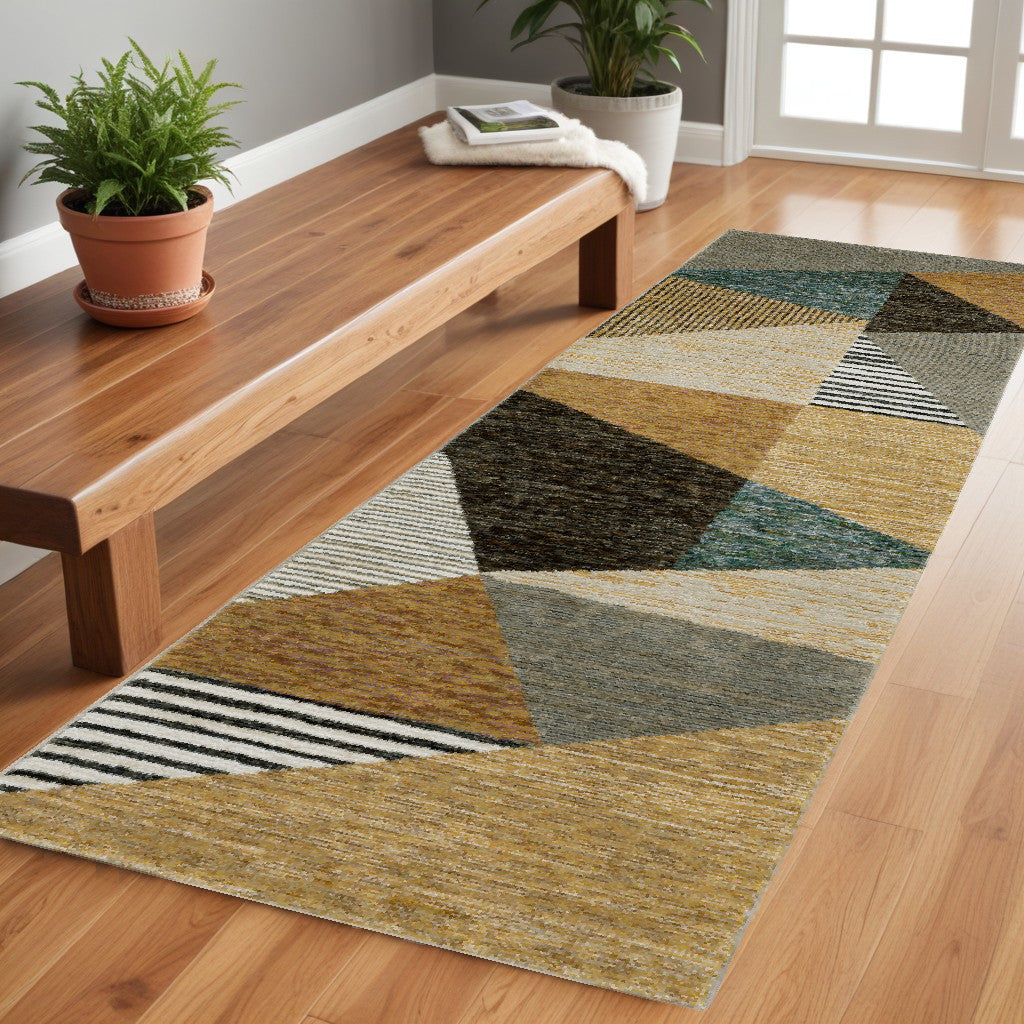 8' Runner Blue and Beige Geometric Power Loom Runner Rug