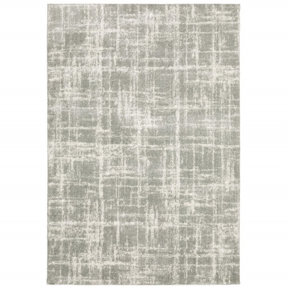Grey and ivory abstract shag area rug, 10' x 13', power loom, stain resistant