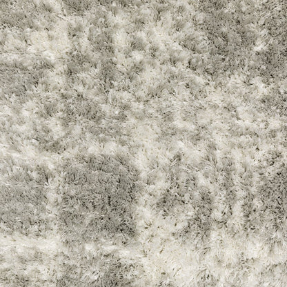 Grey and ivory abstract shag area rug, power loom, stain resistant, 10' x 13'.