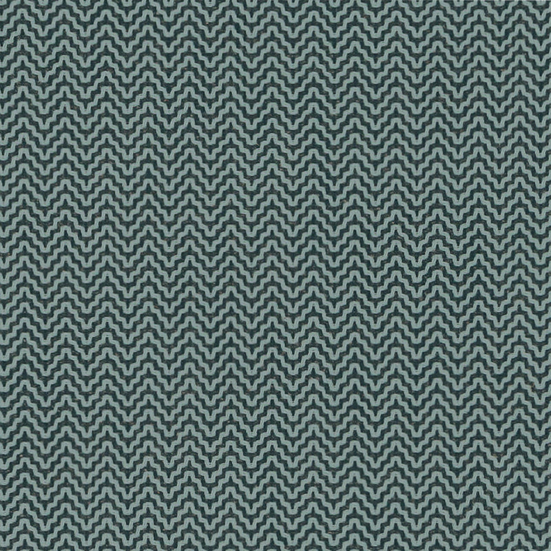 Teal and gray chevron woven fabric with a repeating V-shaped zigzag pattern.