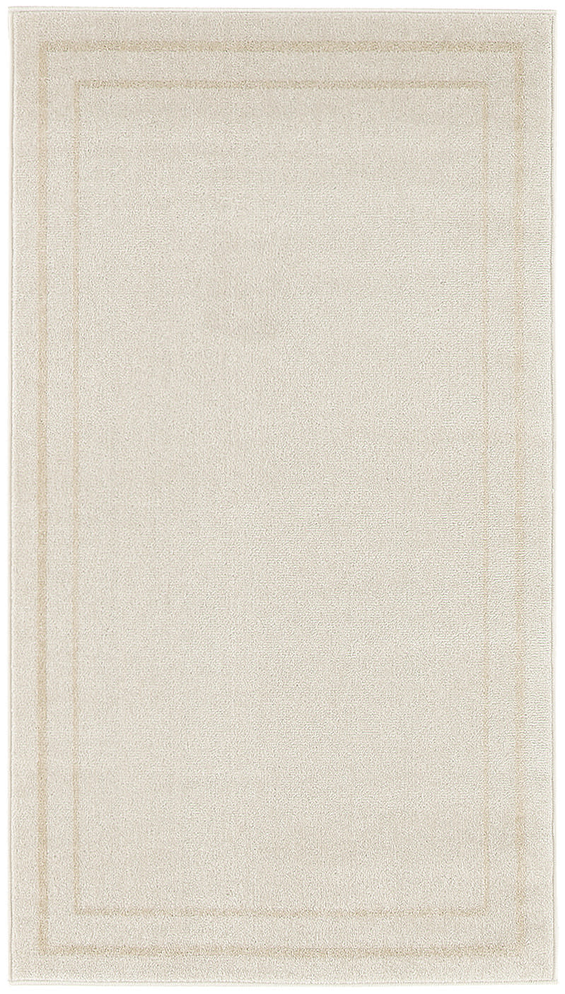 Beige rectangular rug with subtle dual border frames and plush pile for neutral decor.