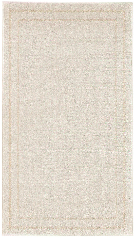 Beige rectangular rug with subtle dual border frames and plush pile for neutral decor.