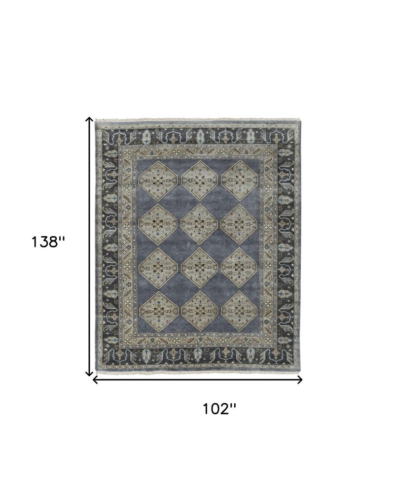 9' X 12' Blue and Gray Wool Floral Hand Knotted Area Rug