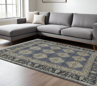 9' X 12' Blue and Gray Wool Floral Hand Knotted Area Rug