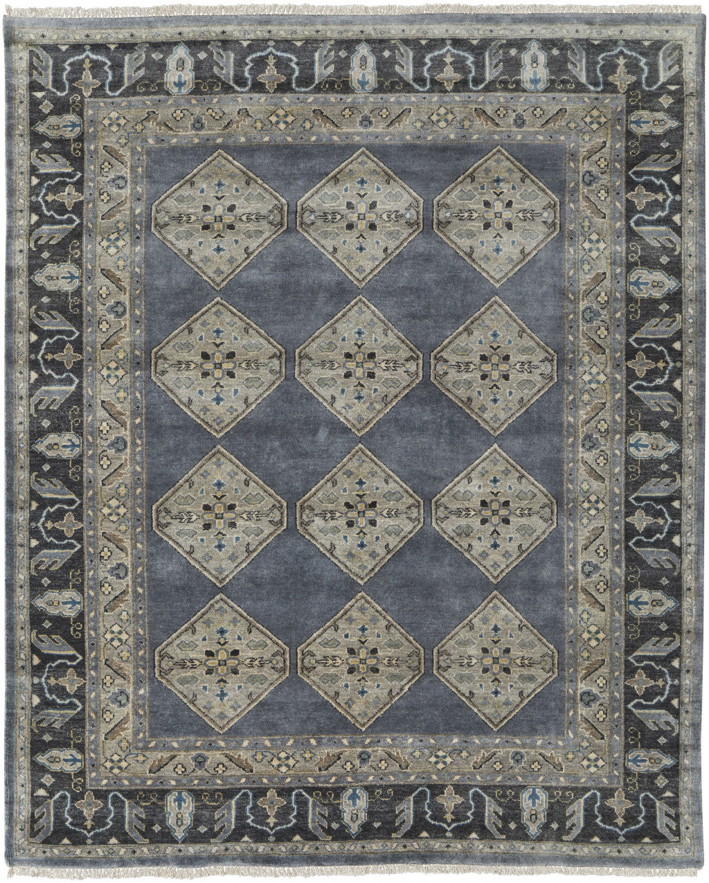 5' X 8' Blue Gray And Taupe Wool Floral Hand Knotted Stain Resistant Area Rug