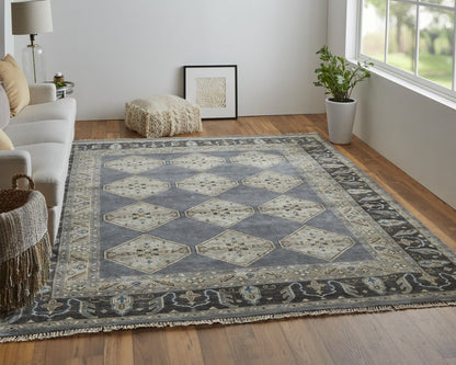 9' X 12' Blue and Gray Wool Floral Hand Knotted Area Rug