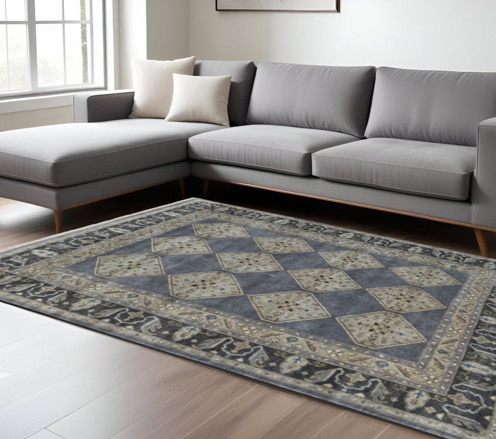 9' X 12' Blue and Gray Wool Floral Hand Knotted Area Rug
