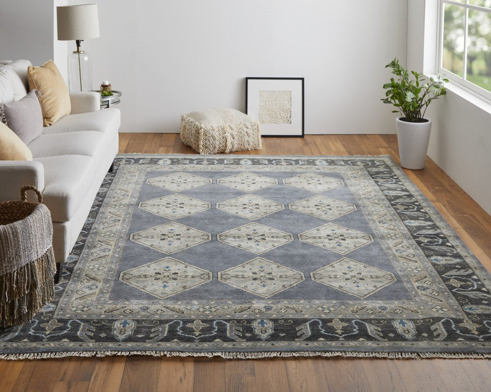 9' X 12' Blue and Gray Wool Floral Hand Knotted Area Rug