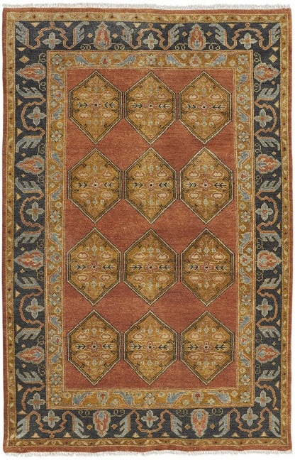 5' X 8' Tan Orange And Brown Wool Floral Hand Knotted Stain Resistant Area Rug