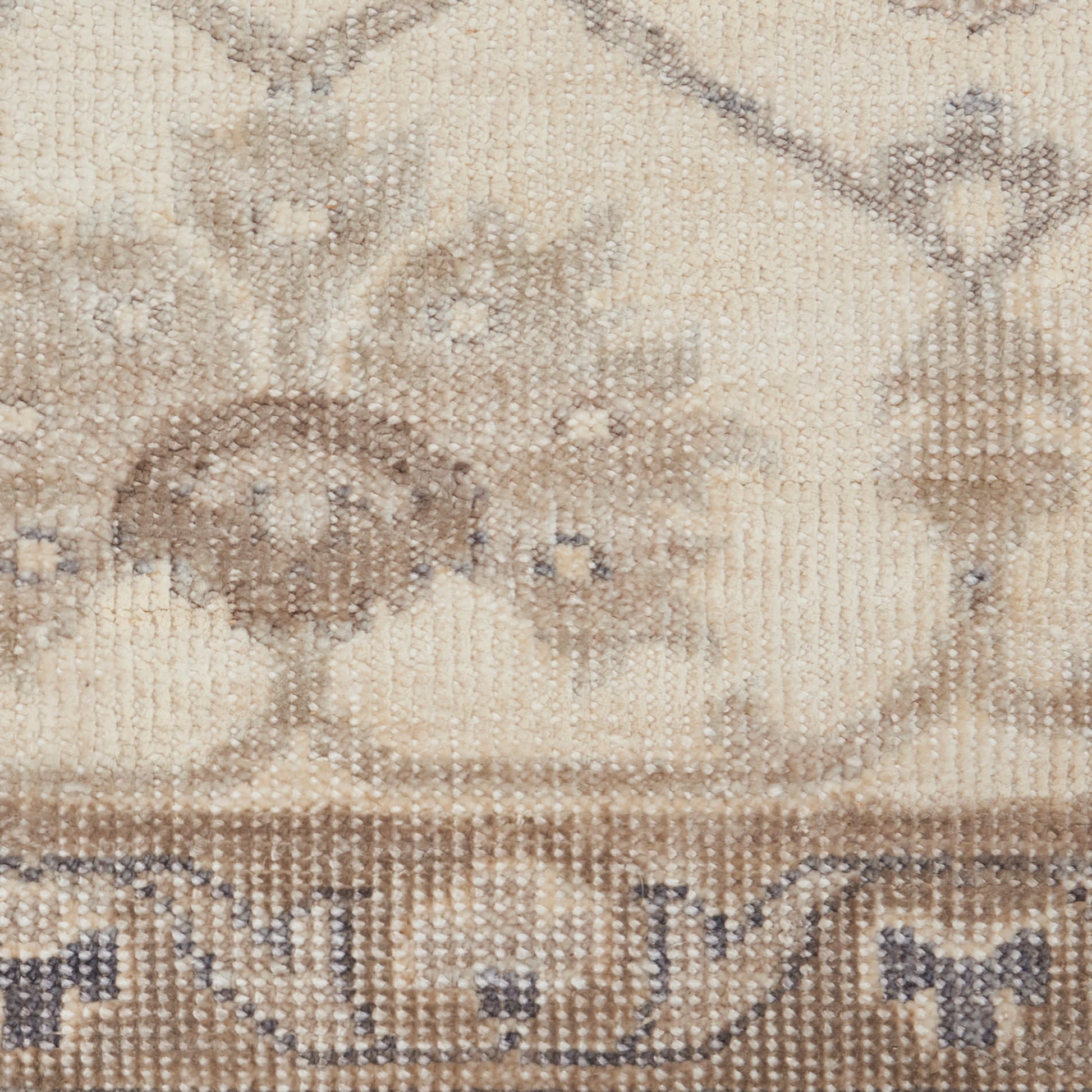 Beige oriental rug close-up with subtle brown floral motifs & decorative border, woven texture.