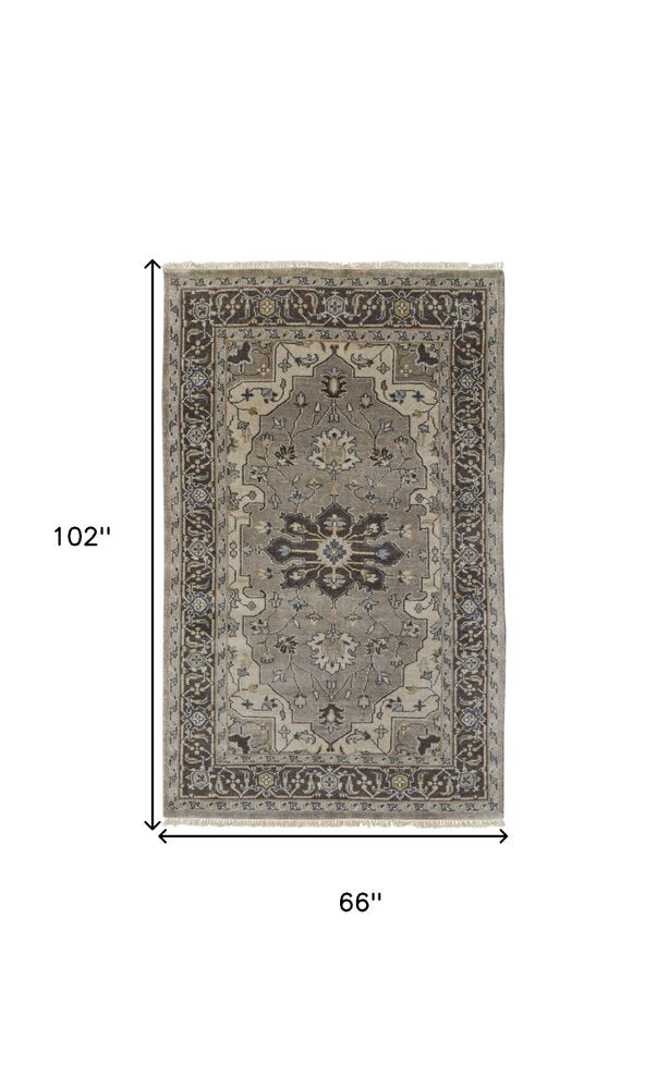 5' X 8' Beige Blue And Gray Wool Medallion Hand Knotted Area Rug