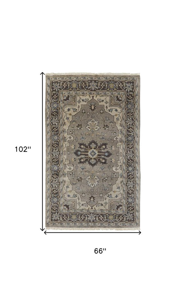 5' X 8' Blue Gray And Taupe Wool Medallion Hand Knotted Area Rug
