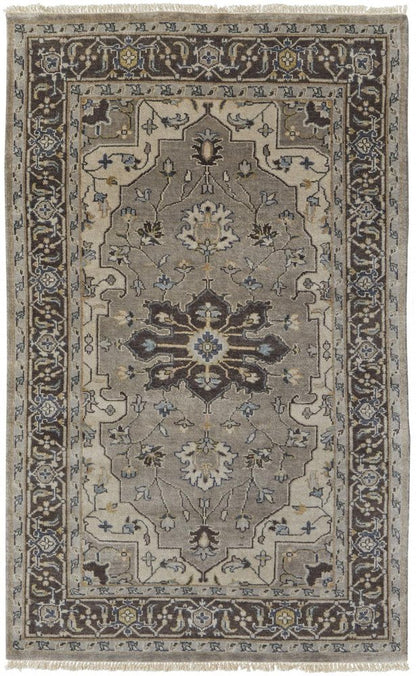 5' X 8' Blue Gray And Taupe Wool Medallion Hand Knotted Area Rug
