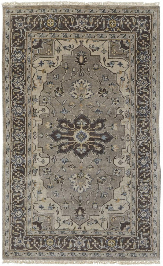 5' X 8' Blue Gray And Taupe Wool Medallion Hand Knotted Area Rug