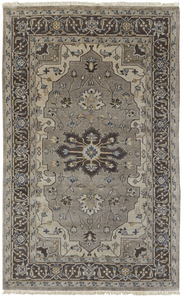 5' X 8' Beige Blue And Gray Wool Medallion Hand Knotted Area Rug