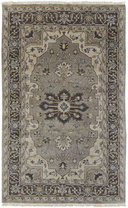 5' X 8' Beige Blue And Gray Wool Medallion Hand Knotted Area Rug