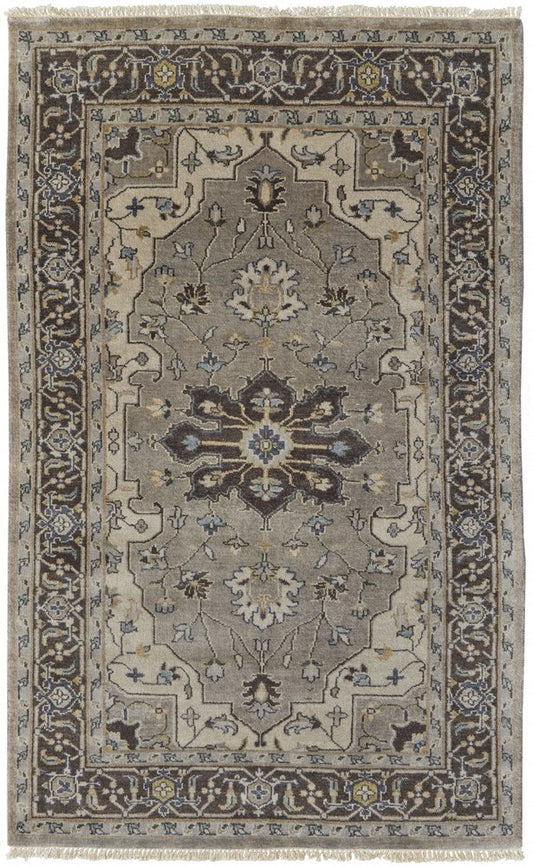 5' X 8' Beige Blue And Gray Wool Medallion Hand Knotted Area Rug