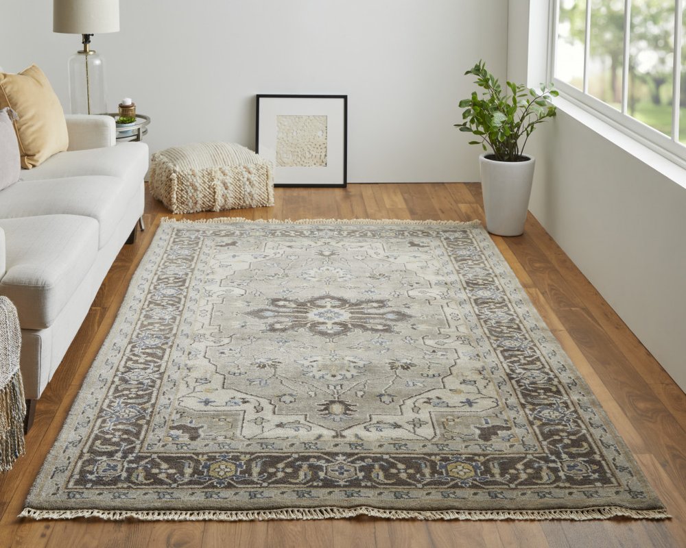 5' X 8' Beige Blue And Gray Wool Medallion Hand Knotted Area Rug