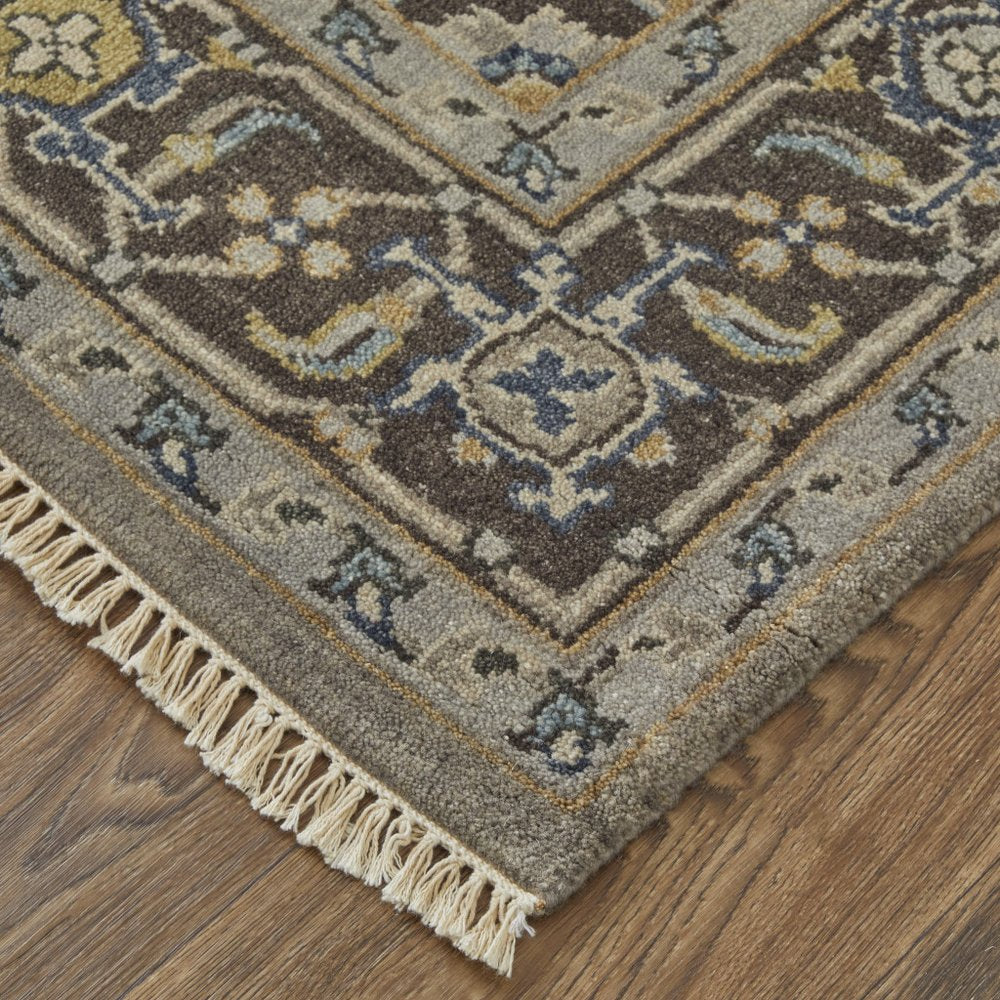 5' X 8' Beige Blue And Gray Wool Medallion Hand Knotted Area Rug