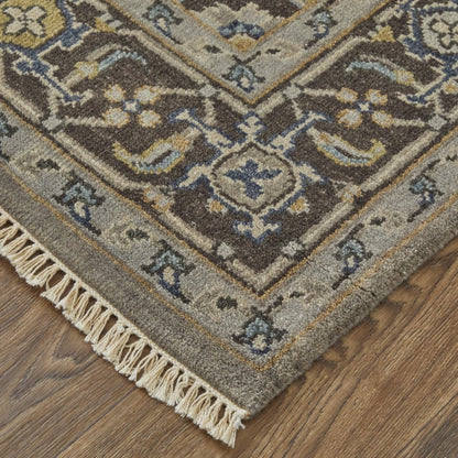 5' X 8' Beige Blue And Gray Wool Medallion Hand Knotted Area Rug