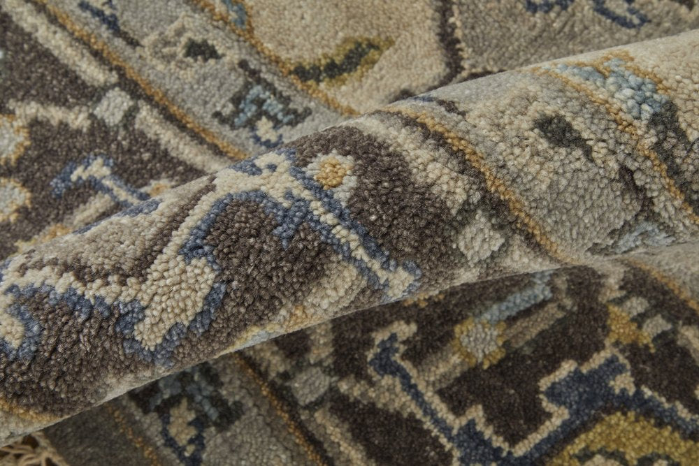 5' X 8' Beige Blue And Gray Wool Medallion Hand Knotted Area Rug