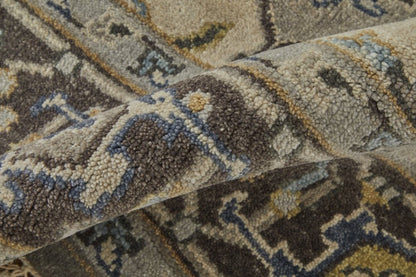 5' X 8' Beige Blue And Gray Wool Medallion Hand Knotted Area Rug