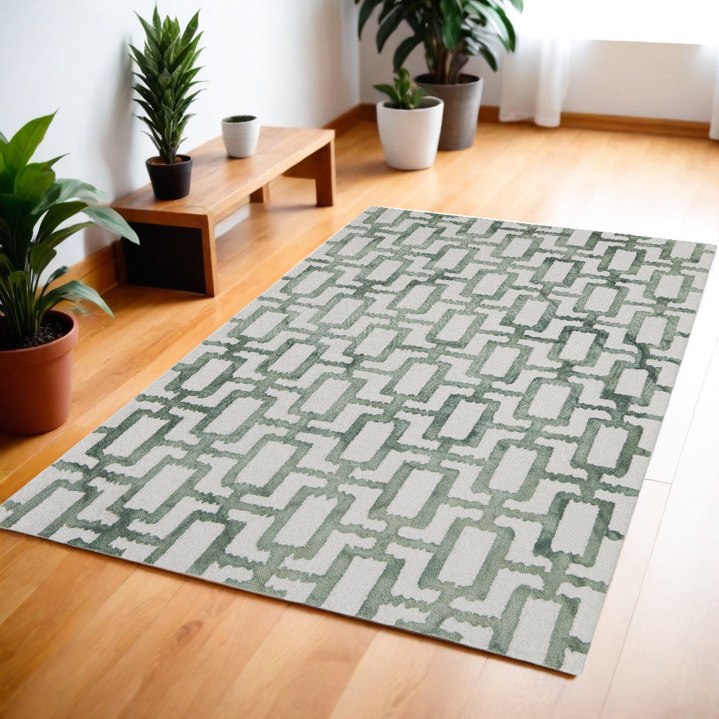 4' X 6' Ivory And Green Wool Geometric Tufted Handmade Area Rug