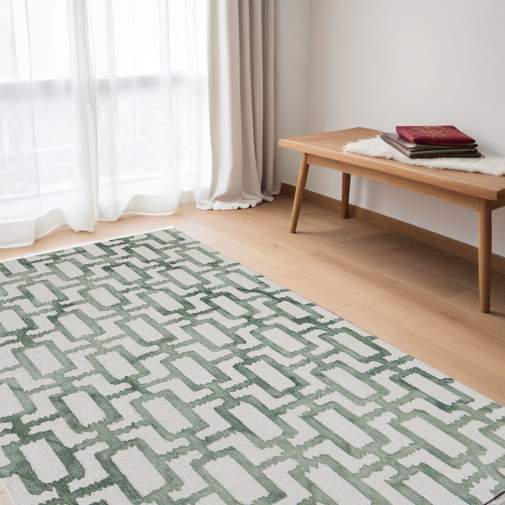 4' X 6' Ivory And Green Wool Geometric Tufted Handmade Area Rug