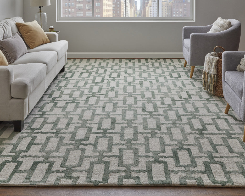 4' X 6' Ivory And Green Wool Geometric Tufted Handmade Area Rug