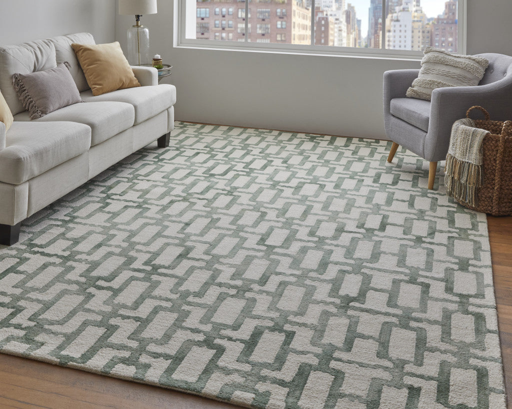 4' X 6' Ivory And Green Wool Geometric Tufted Handmade Area Rug