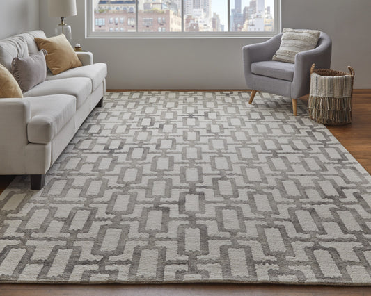 10' X 13' Ivory And Green Wool Geometric Tufted Handmade Area Rug