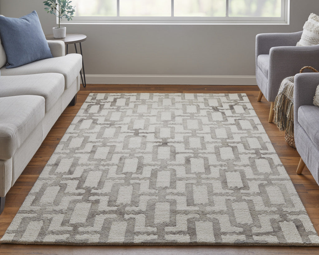 5' X 8' Ivory And Green Wool Geometric Tufted Handmade Area Rug