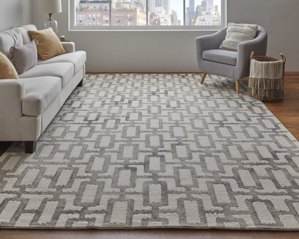 4' X 6' Ivory And Green Wool Geometric Tufted Handmade Area Rug