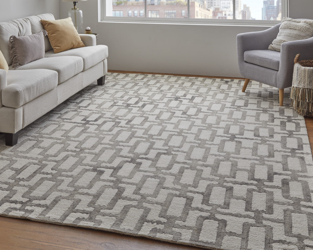 4' X 6' Ivory And Green Wool Geometric Tufted Handmade Area Rug