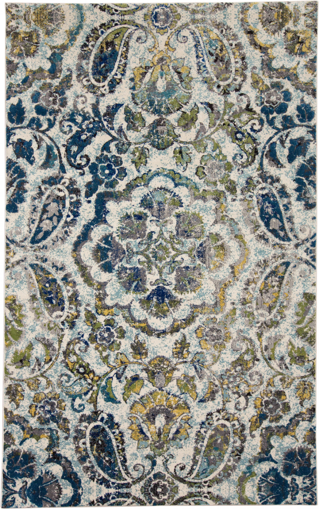 7' X 10' Ivory Blue And Green Floral Stain Resistant Area Rug