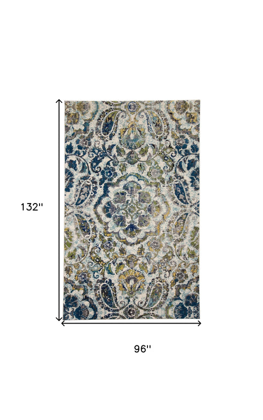 5' X 8' Ivory Blue And Green Floral Stain Resistant Area Rug