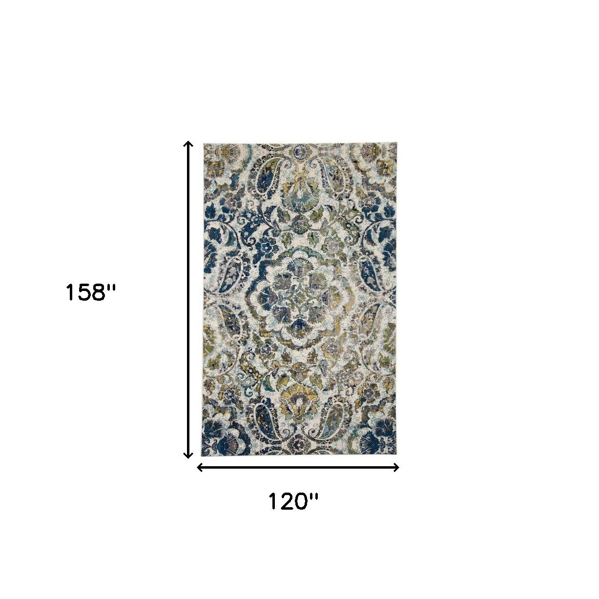 7' X 10' Ivory Blue And Green Floral Stain Resistant Area Rug