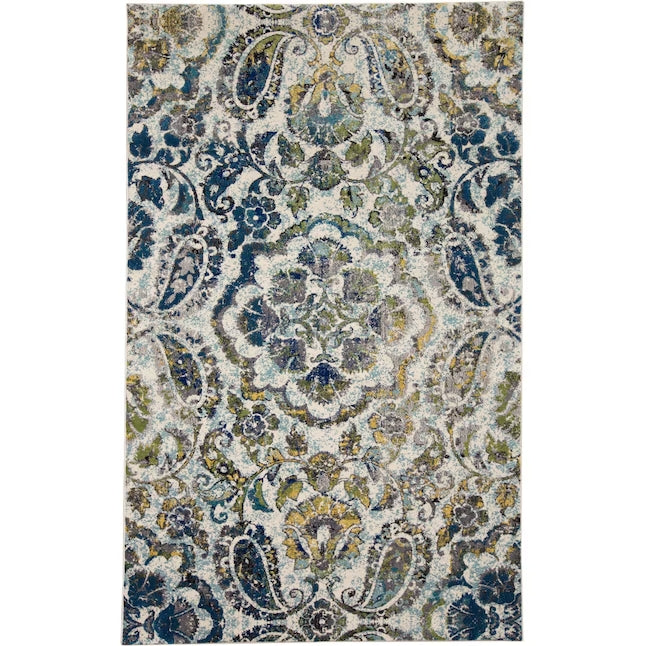 7' X 10' Ivory Blue And Green Floral Stain Resistant Area Rug