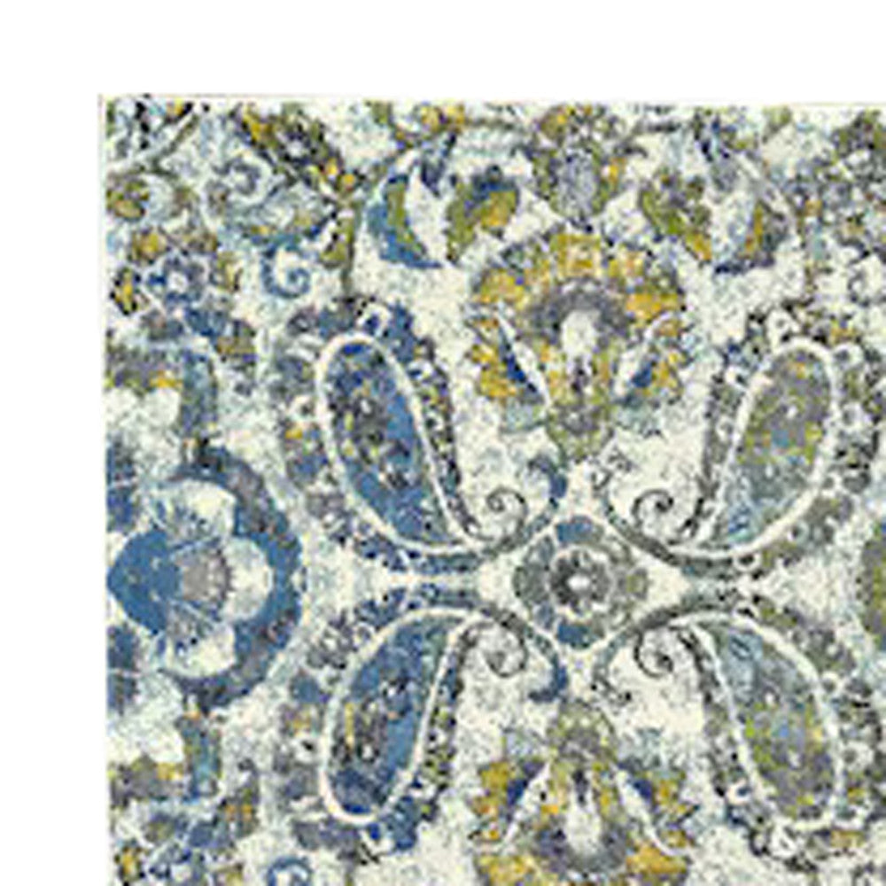 7' X 10' Ivory Blue And Green Floral Stain Resistant Area Rug