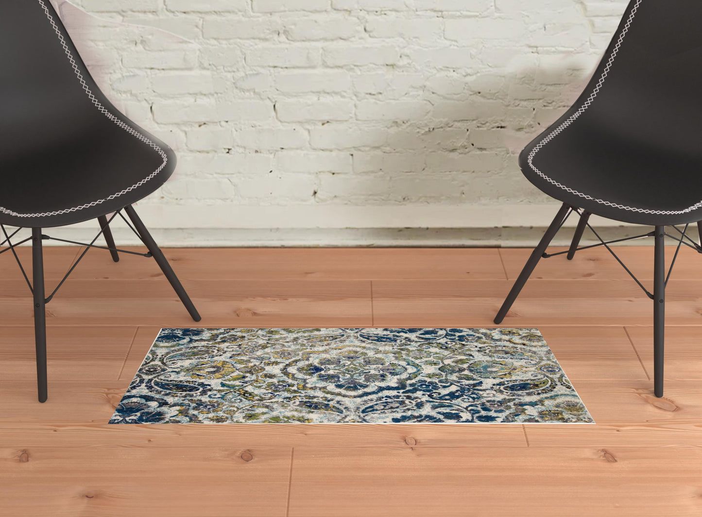 8' X 11' Ivory Blue And Green Floral Stain Resistant Area Rug