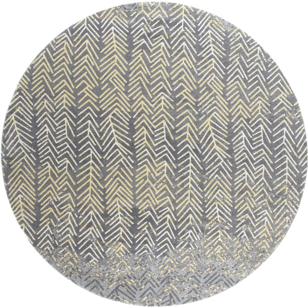 8' Gray And Yellow Abstract Round Rug