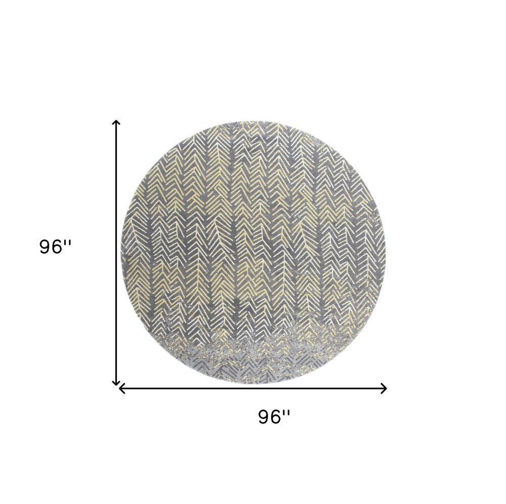 8' Gray And Yellow Abstract Round Rug