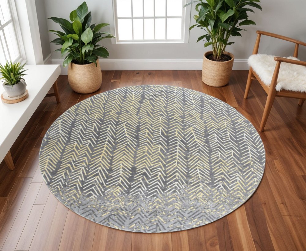 8' Gray And Yellow Abstract Round Rug